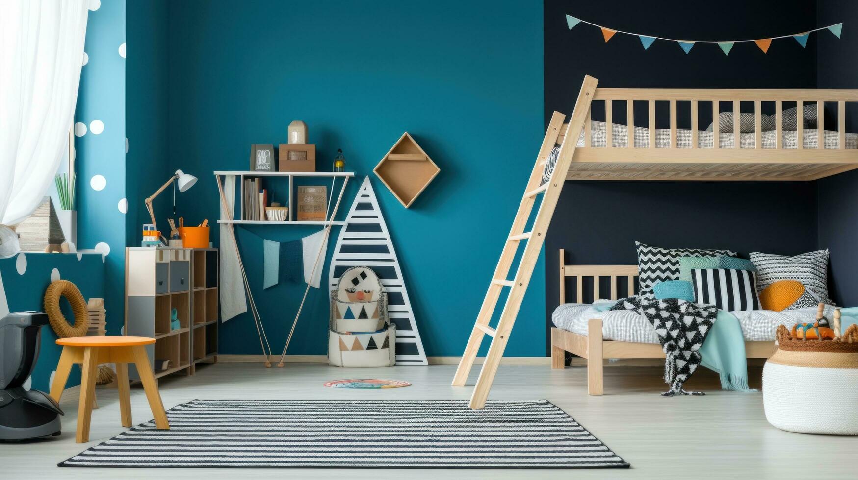 ai gerado uma Diversão crianças quarto com uma azul sotaque parede, uma de madeira loft cama com uma escada foto