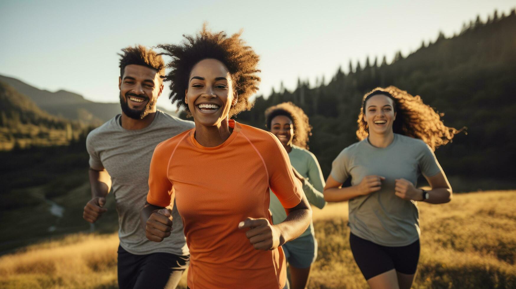 ai gerado uma grupo do amigos corrida juntos ao ar livre, com sorrisos em seus rostos e uma cênico fundo foto