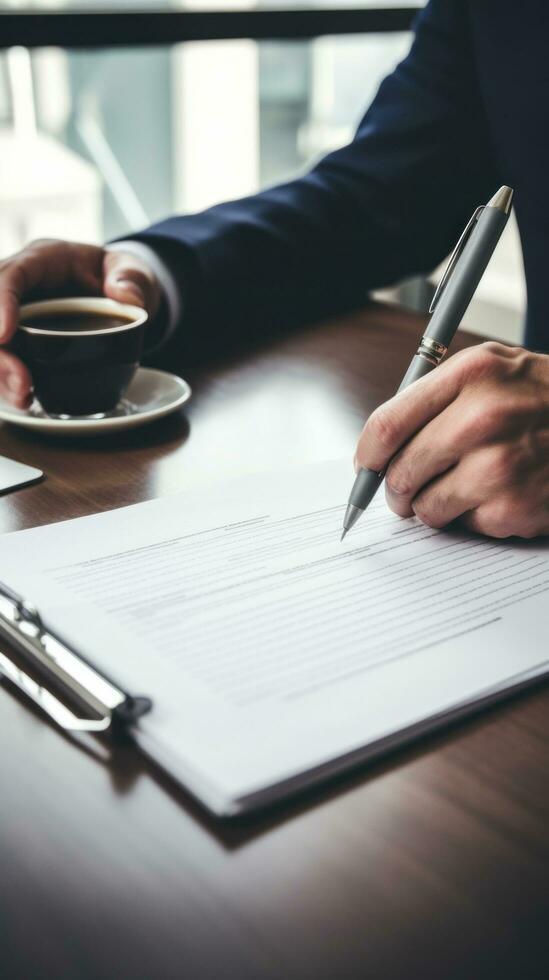 ai gerado pessoa mão segurando uma caneta, assinatura uma contrato em escrivaninha com uma computador portátil e café copo dentro a fundo foto