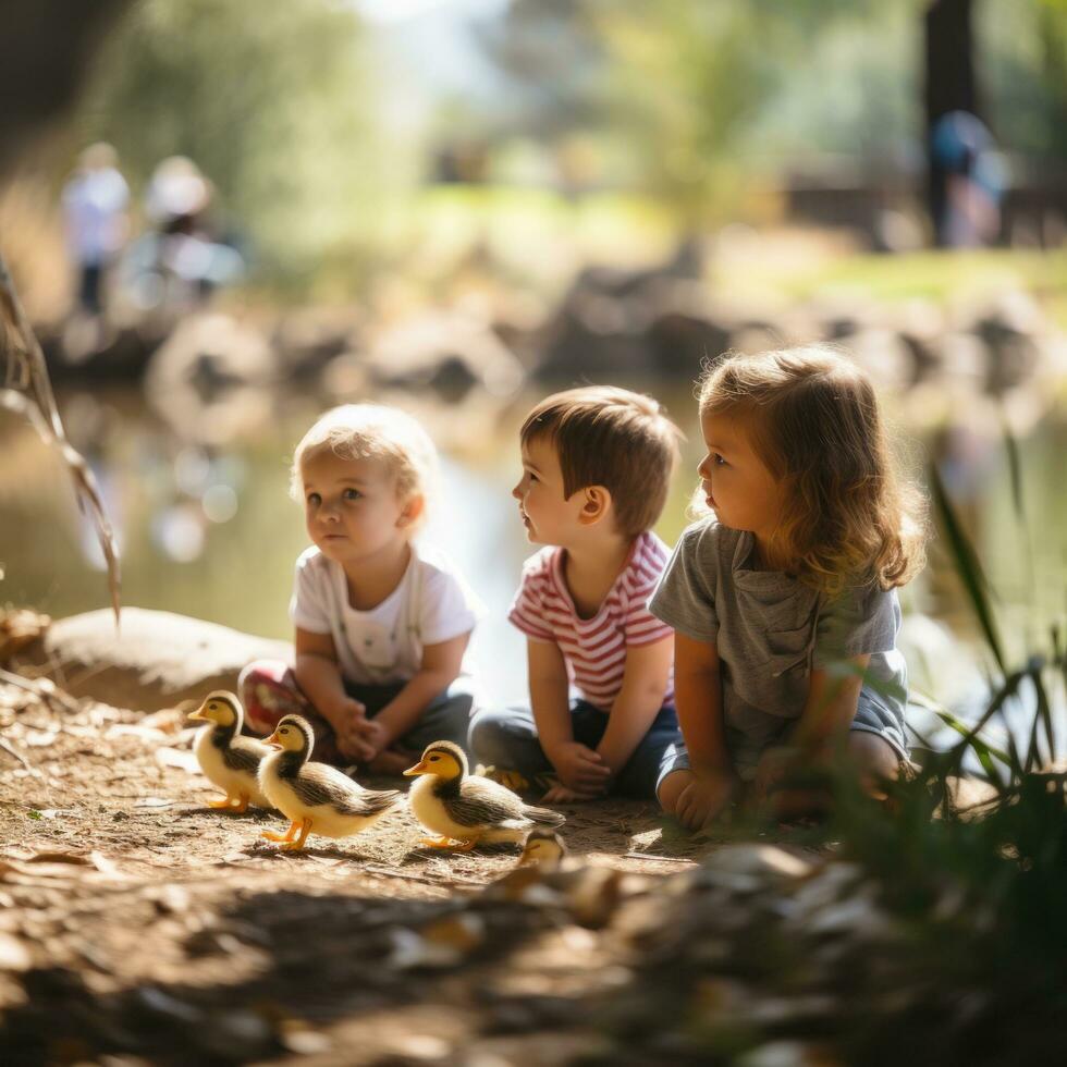 ai gerado grupo do crianças assistindo dentro temor Como uma bebê patinho ginga em volta, explorando Está arredores. foto