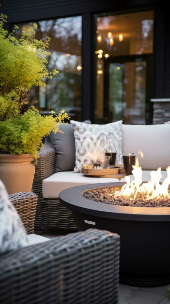 ai gerado belas projetado ao ar livre pátio área com moderno mobília, em vaso plantas, e uma acolhedor fogo poço. foto