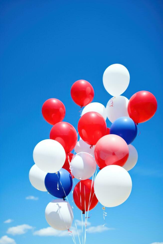 ai gerado balões dentro patriótico cores flutuando contra uma brilhante azul céu foto