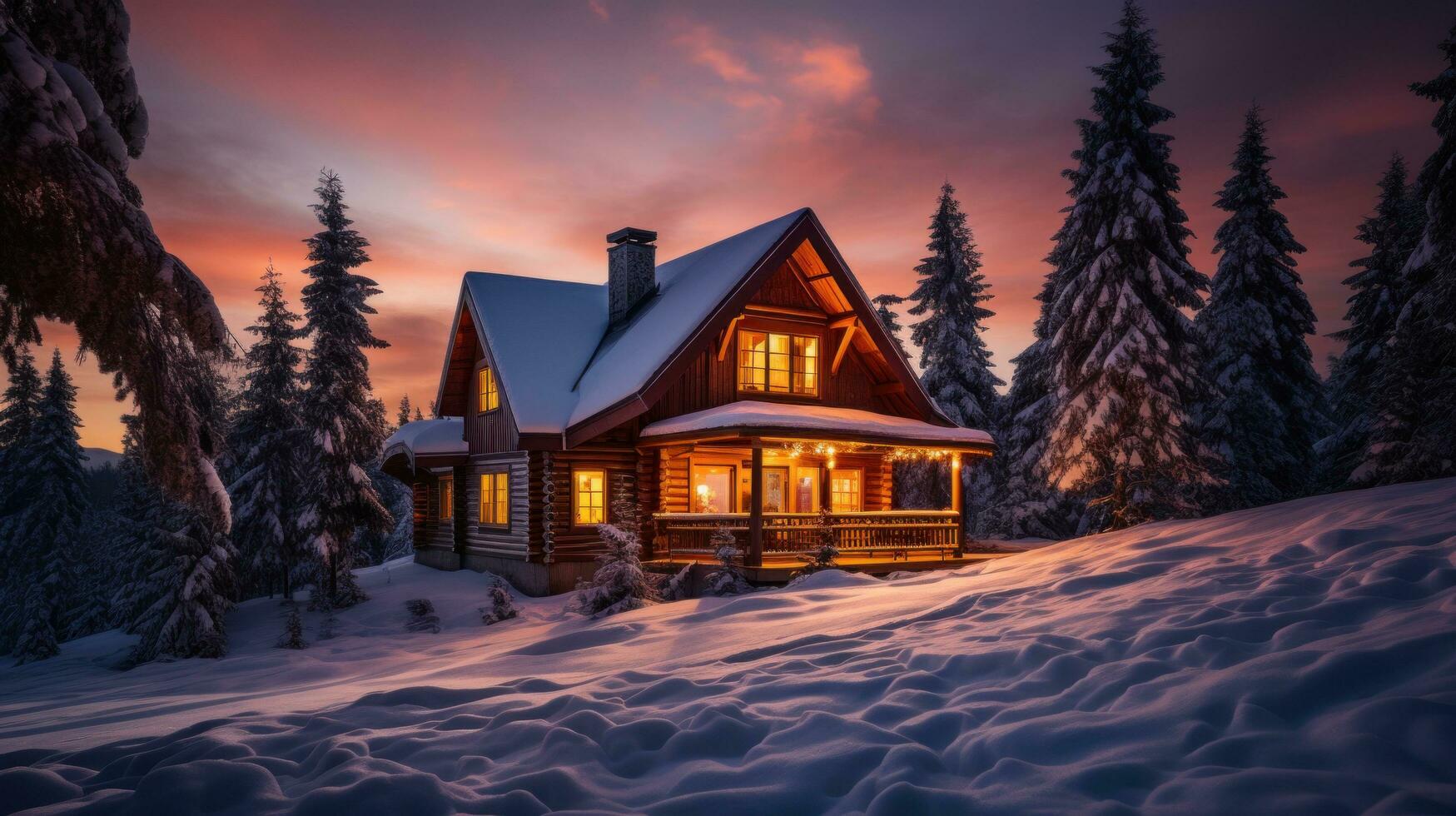 ai gerado uma rústico cabine com uma fumar chaminé senta dentro uma Nevado paisagem, foto