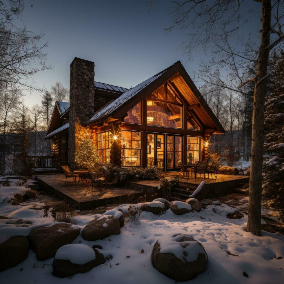 ai gerado uma rústico cabine com uma fumar chaminé senta dentro uma Nevado paisagem, foto