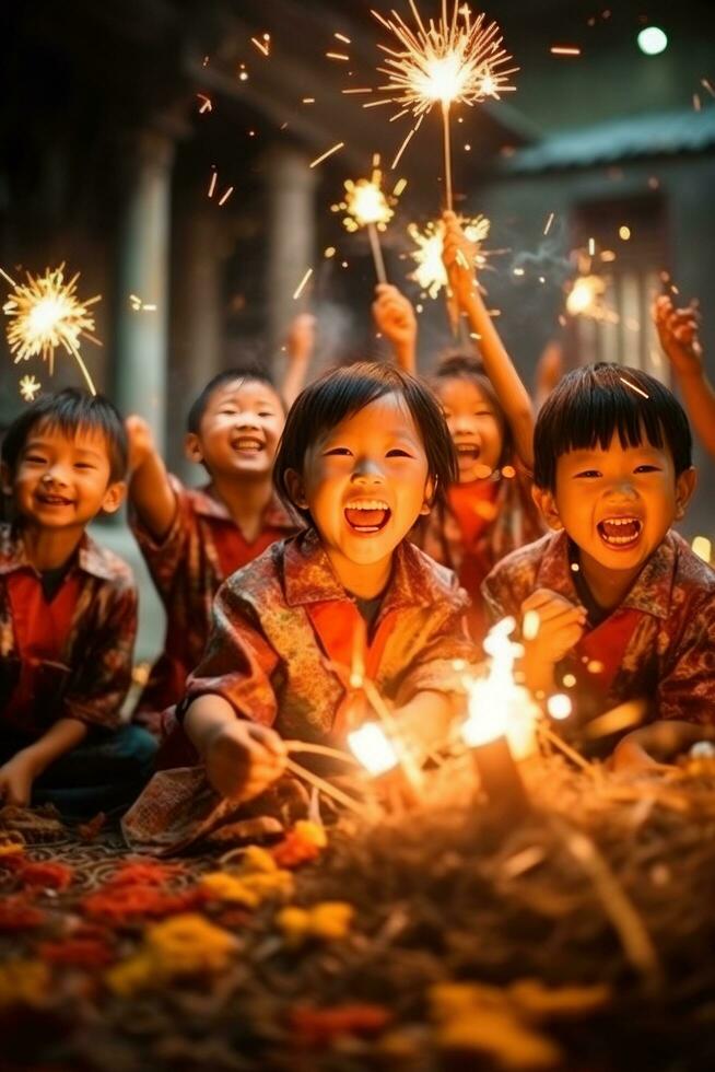 ai gerado uma grupo do sorridente crianças vestindo tradicional chinês fantasias enquanto jogando com estrelinhas foto