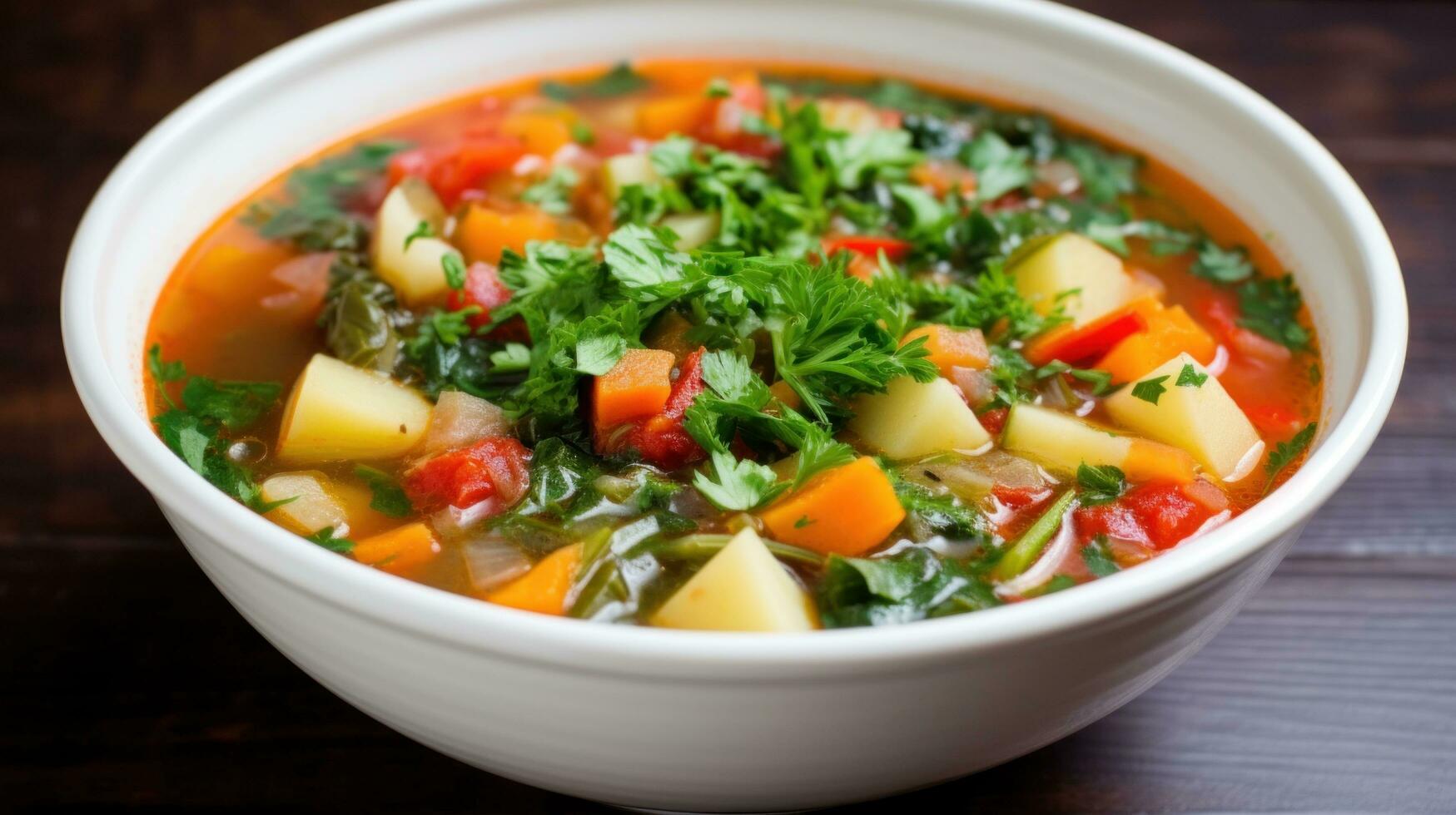 ai gerado uma forte e saudável vegetal sopa com pedaços do colorida legumes e raminho do fresco ervas em topo foto