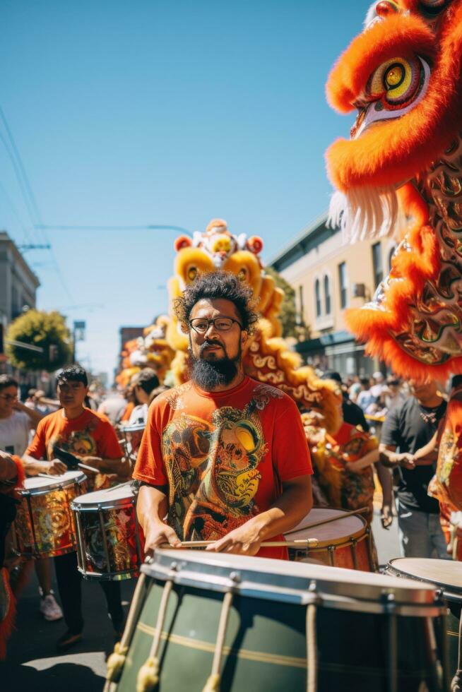 ai gerado uma colorida parada apresentando Dragão dançarinos, leão dançarinos foto