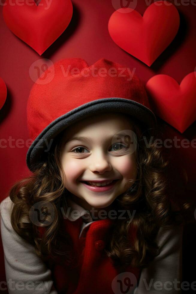 ai gerado retrato do uma fofa pequeno menina com vermelho coração em dia dos namorados dia conceito. foto