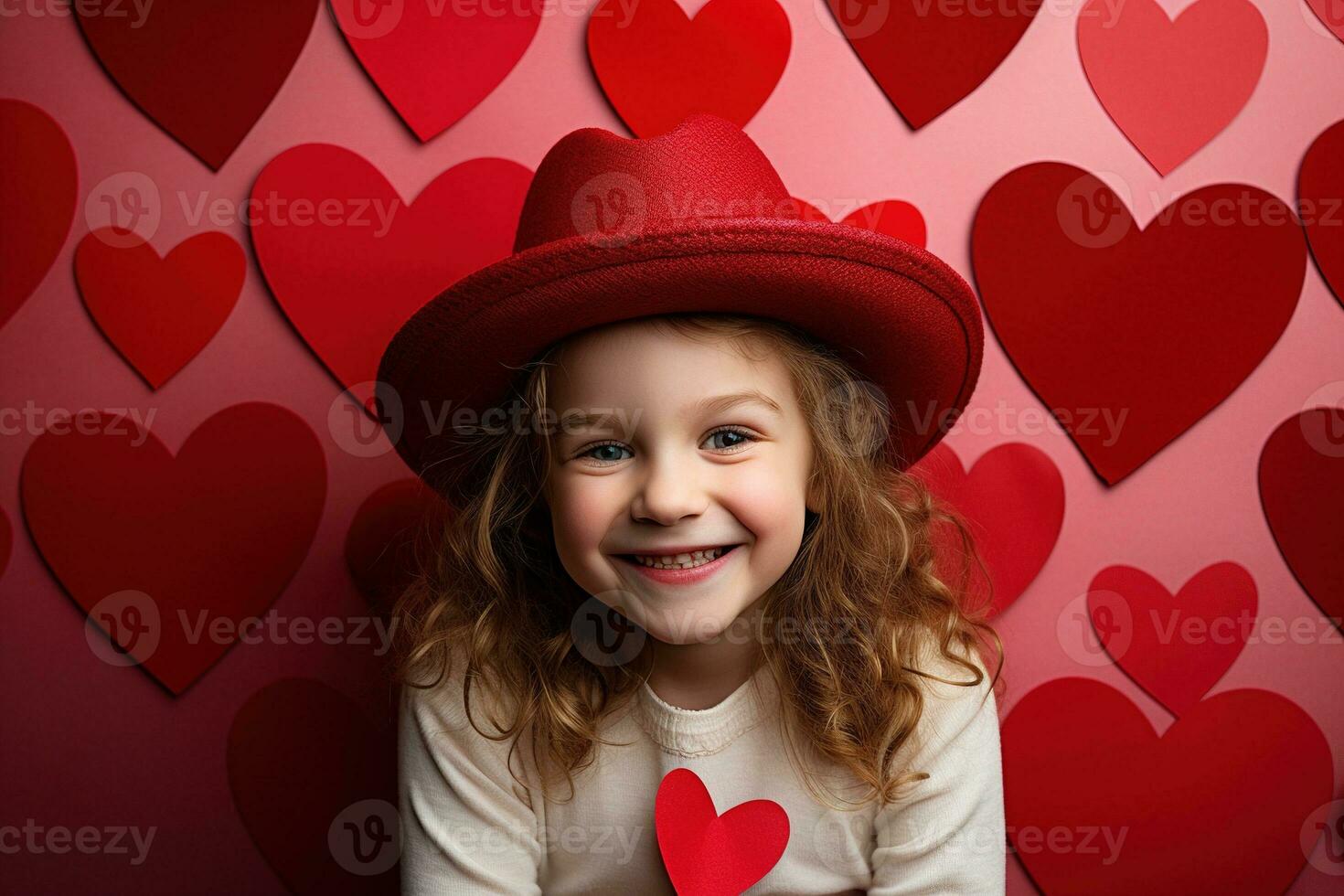 ai gerado retrato do uma fofa pequeno menina com vermelho coração em dia dos namorados dia conceito. foto