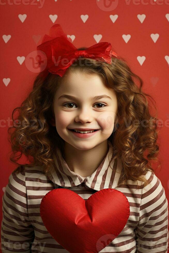 ai gerado retrato do uma fofa pequeno menina com vermelho coração em dia dos namorados dia conceito. foto