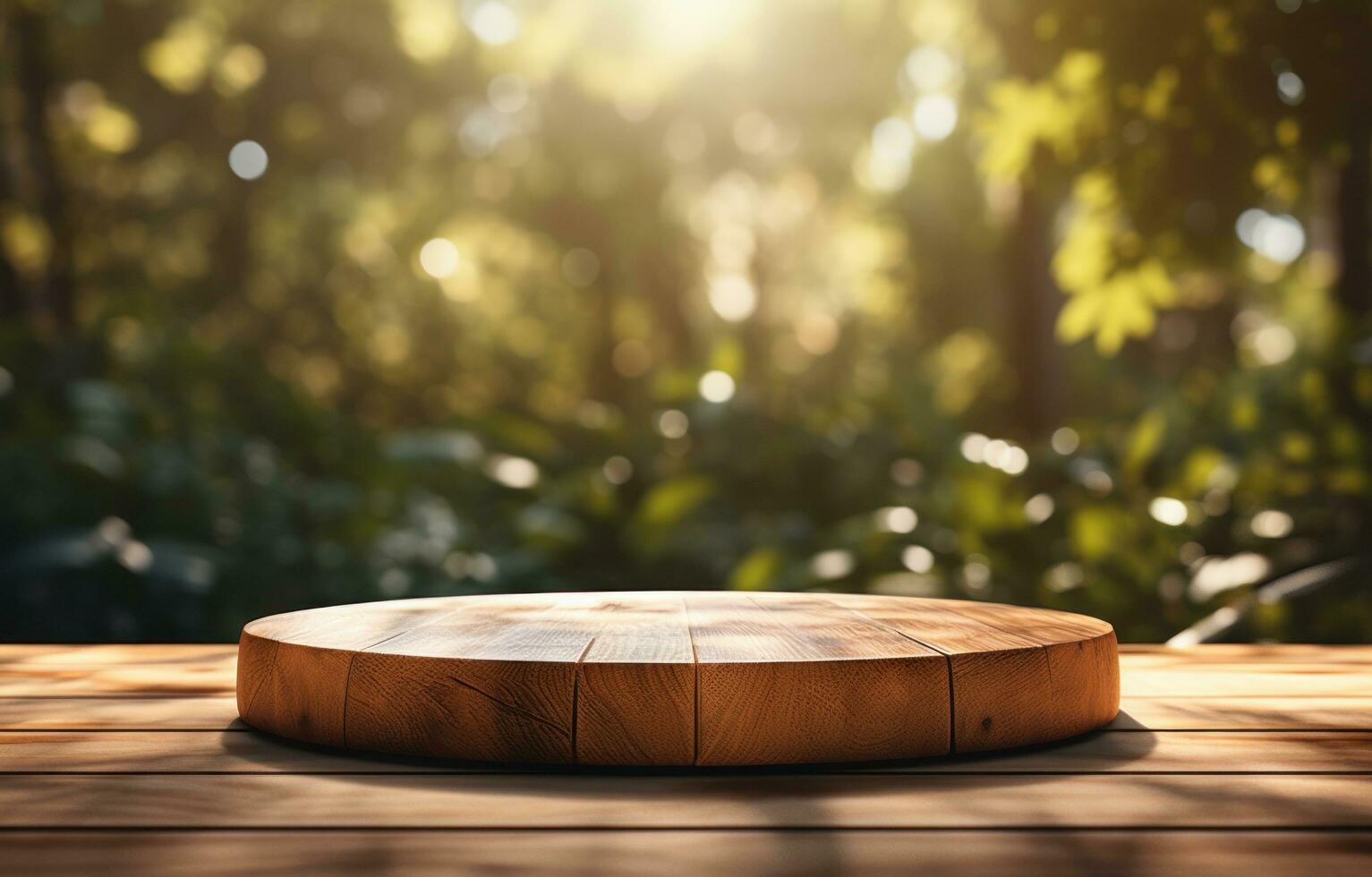 ai gerado de madeira mesa em a terra com borrado Sol raios foto