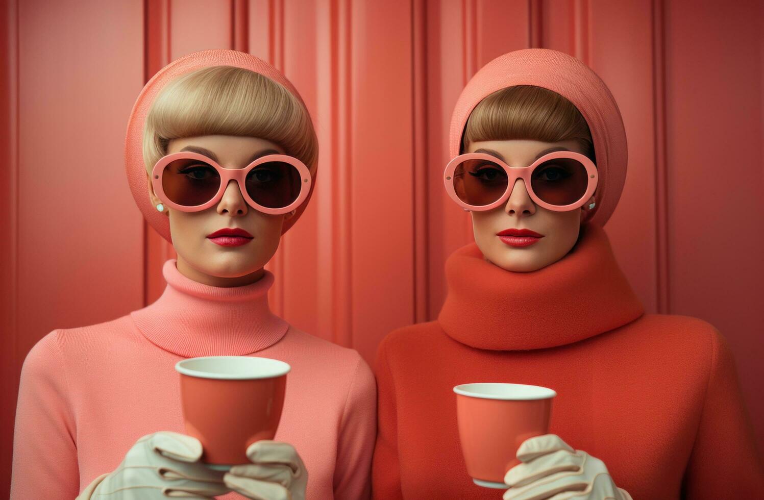 ai gerado dois mulheres vestido dentro Rosa vestuário segurando copos do café foto