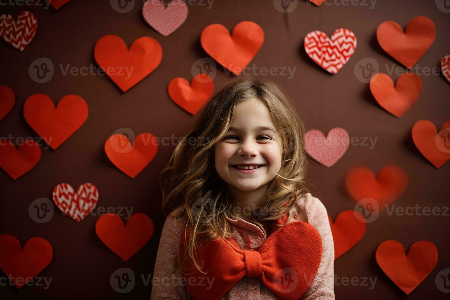 ai gerado retrato do uma fofa pequeno menina com vermelho coração em dia dos namorados dia conceito. foto