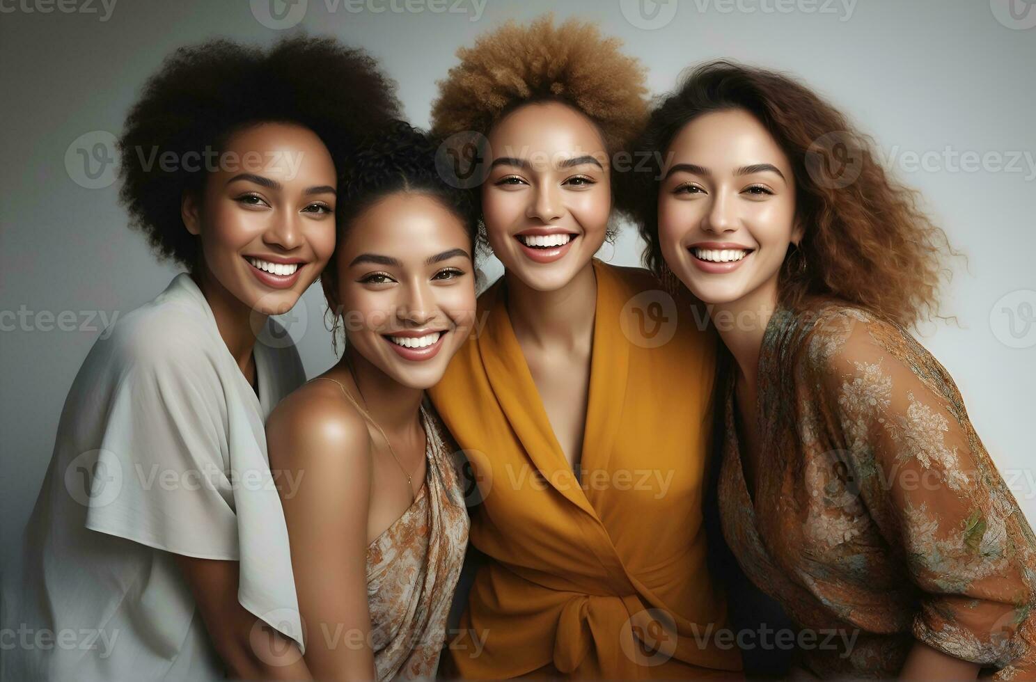 ai gerado lindo jovem multiétnico mulheres com natural inventar. publicidade para fêmea moda modelos, face e corpo pele Cuidado. foto