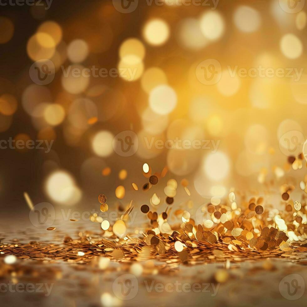 ai gerado dourado borrado fundo com uma bokeh efeito e confete. a abstrato luxuoso festivo pano de fundo. generativo ai. foto
