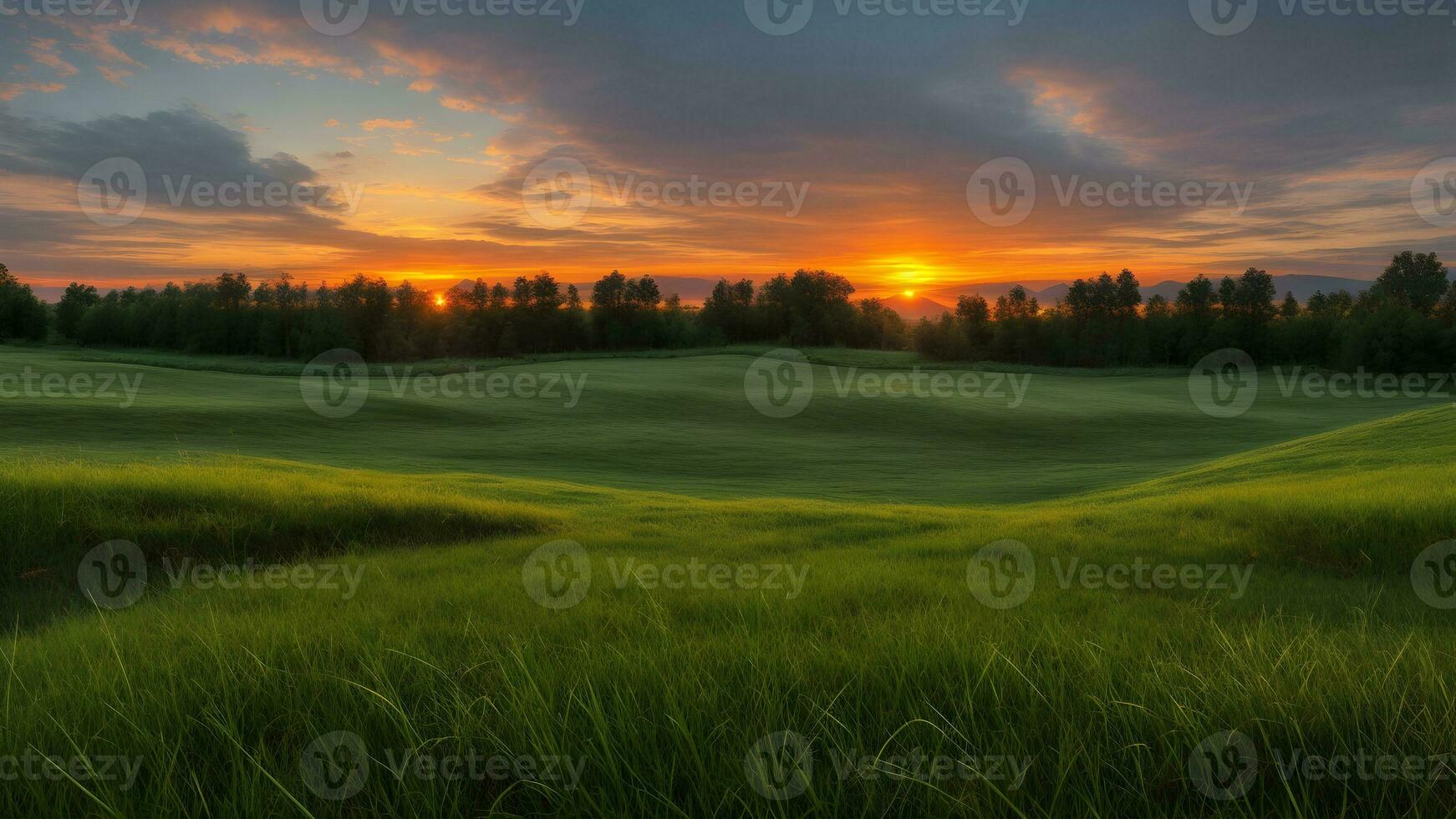ai gerado uma lindo pôr do sol sobre uma verde campo foto