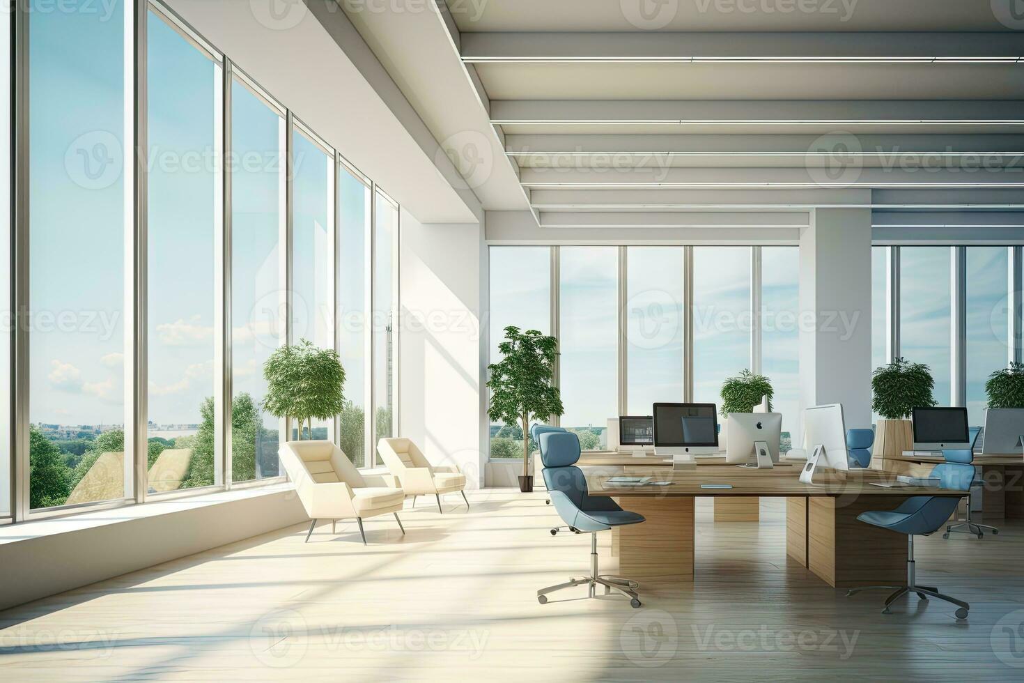 ai gerado brilhante e limpar \ limpo escritório meio Ambiente abstrato fundo brilhante escritório com plantas e ampla janelas. de gerado ai foto