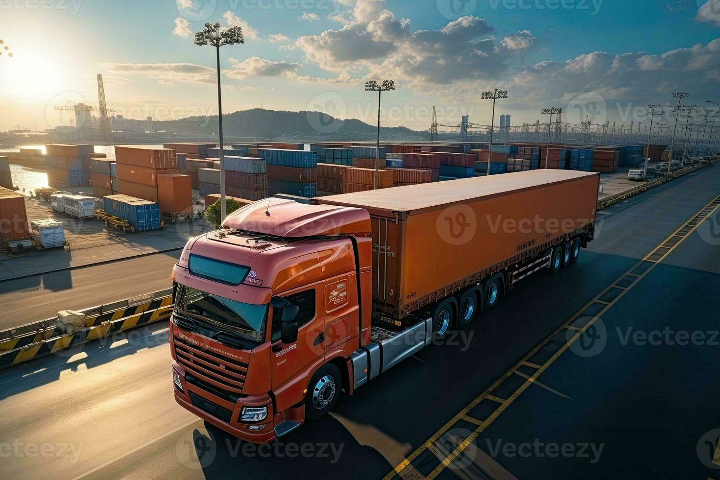 ai gerado a imagem representando logística com uma recipiente caminhão, navio dentro porta, e avião para importar exportação indústria.por generativo ai foto