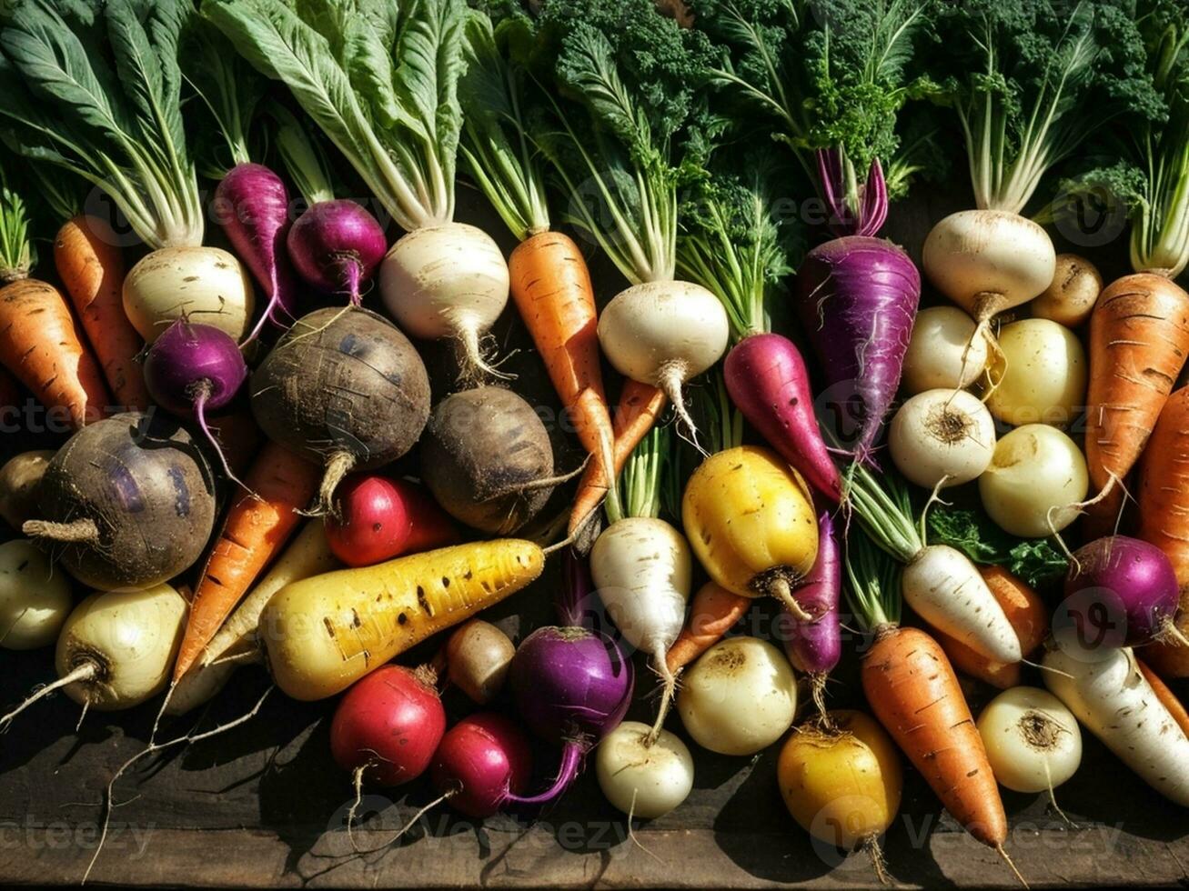 ai gerado saudável colheita uma colorida matriz do fresco raiz legumes. ai gerado. foto