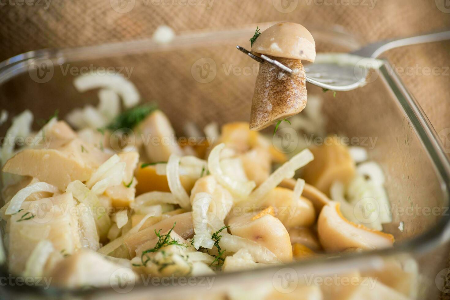 natural orgânico selvagem cogumelos marinado com cebolas dentro uma vidro tigela foto