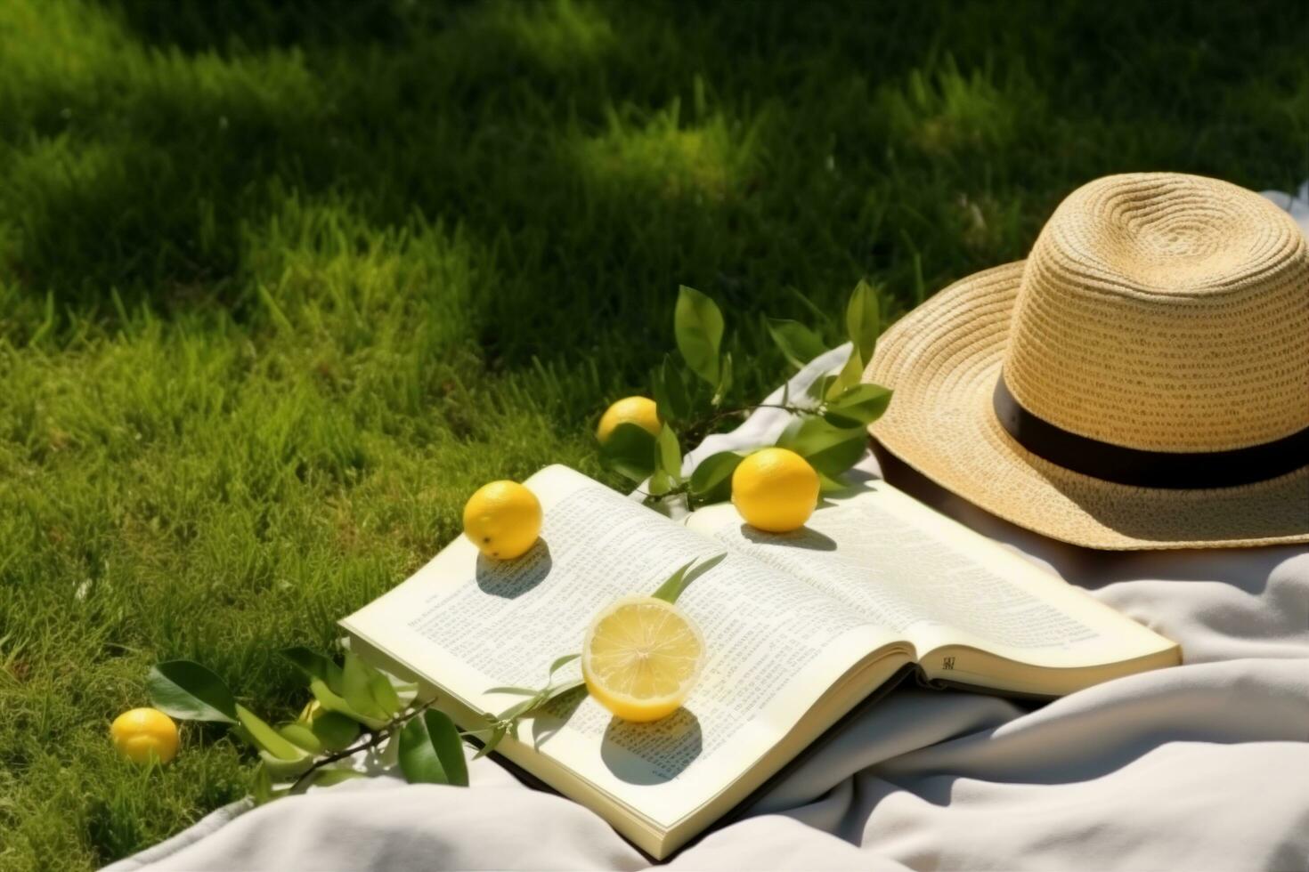 ai gerado almoço pausa dentro a parque. piquenique cobertor com a aberto livro, limões, de praia saco e amplo borda Palha chapéu em uma suculento verde recentemente recentemente ceifada grama. generativo ai. foto