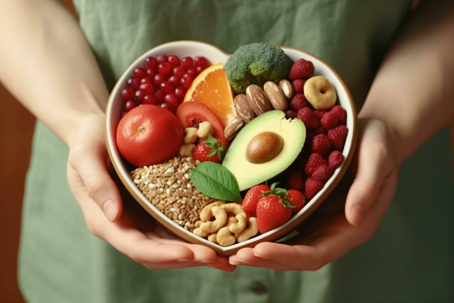 ai gerado mulher segurando tigela com produtos para coração saudável dieta, fechar-se. generativo ai. foto