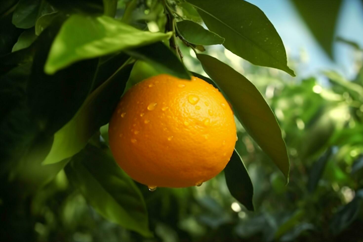 ai gerado fresco laranja fruta em árvore às Pomar. generativo ai. foto