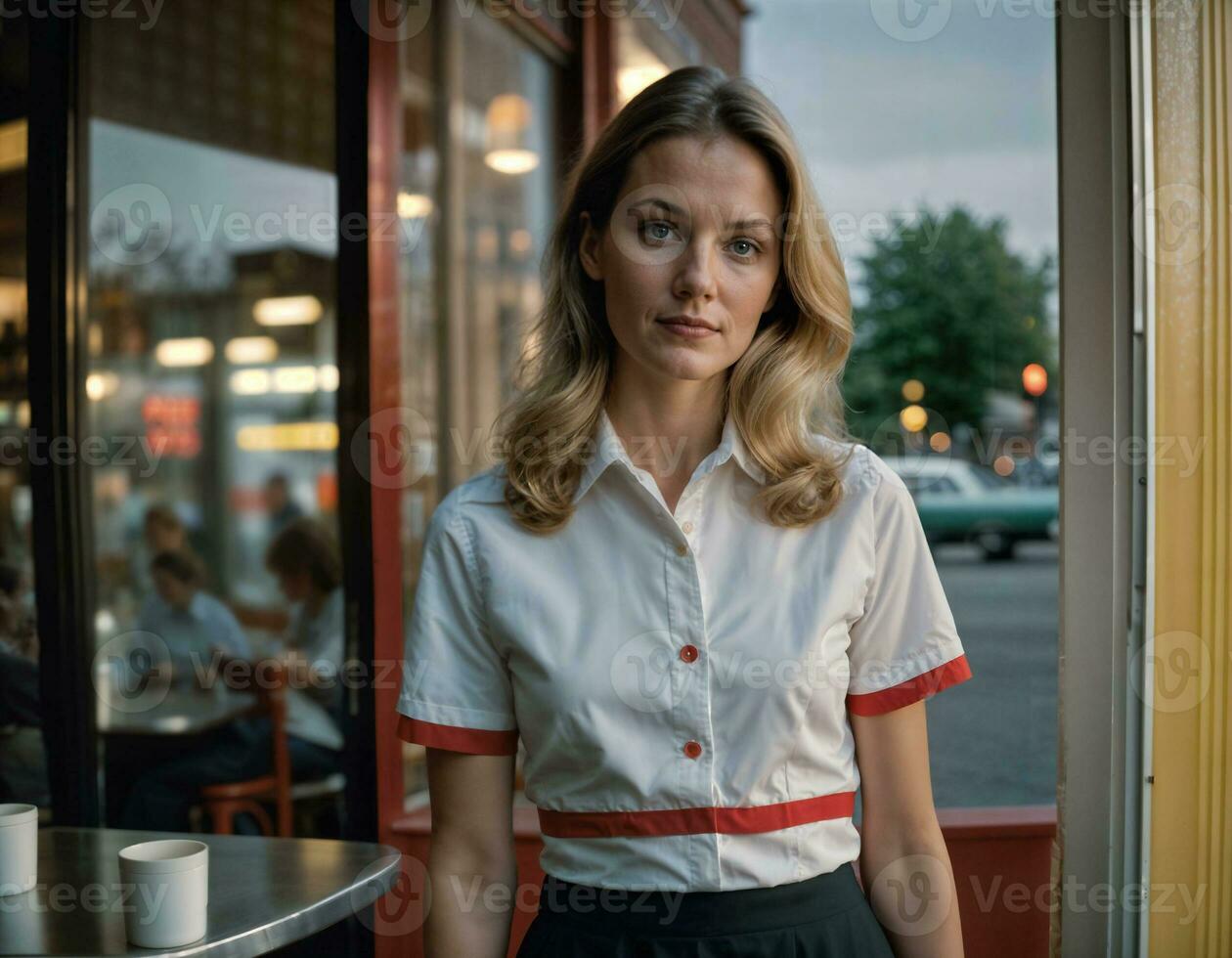 ai gerado foto do lindo mulher Como uma garçonete em pé dentro retro jantar restaurante, generativo ai