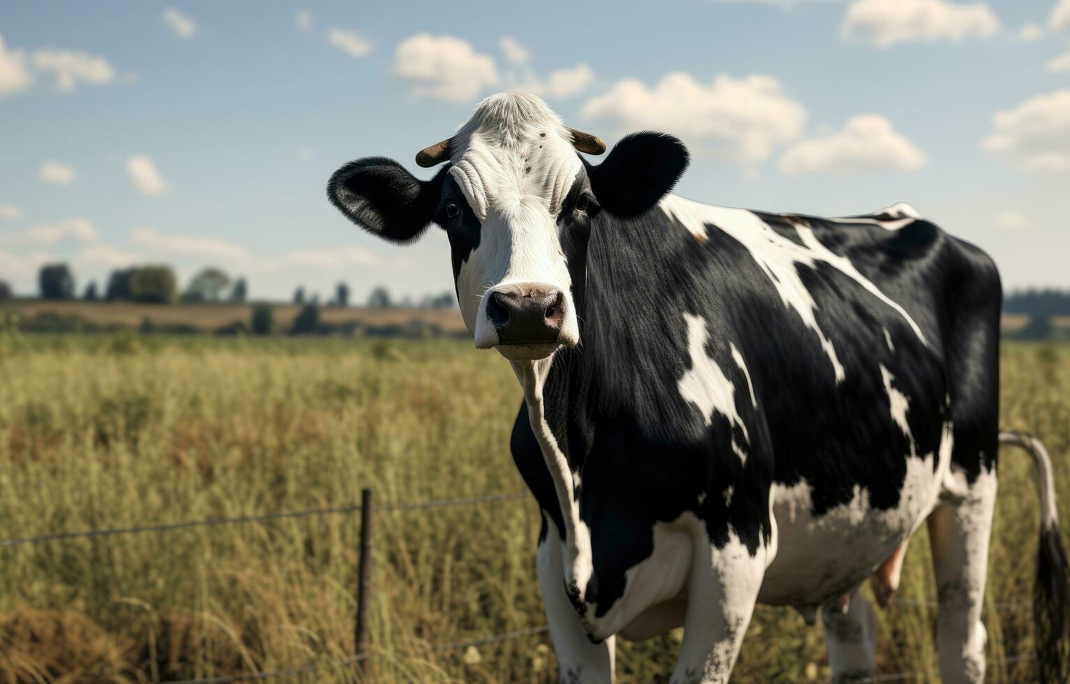 ai gerado uma Preto e branco vaca em pé dentro a grama, foto