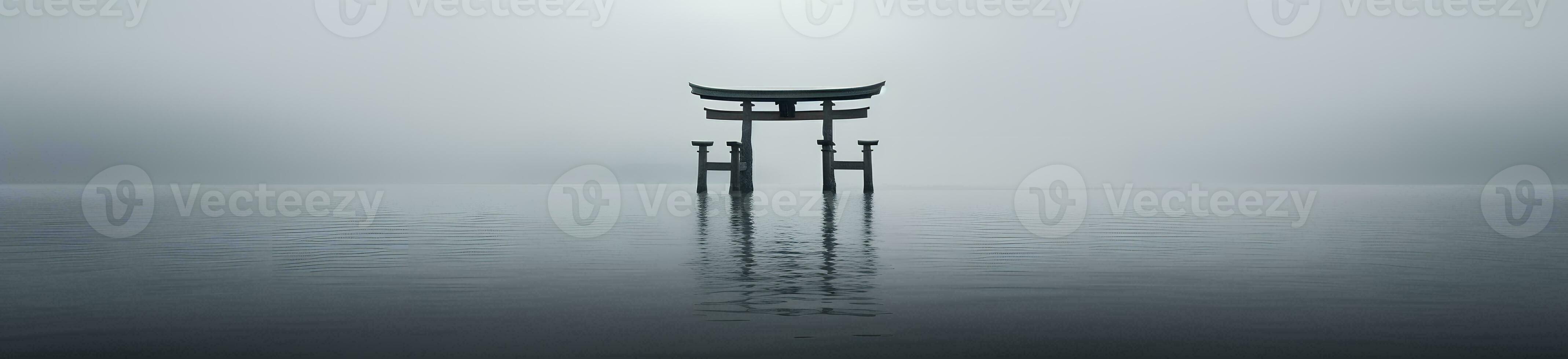 ai gerado a xintoísmo santuário dentro a névoa. panorâmico imagem foto
