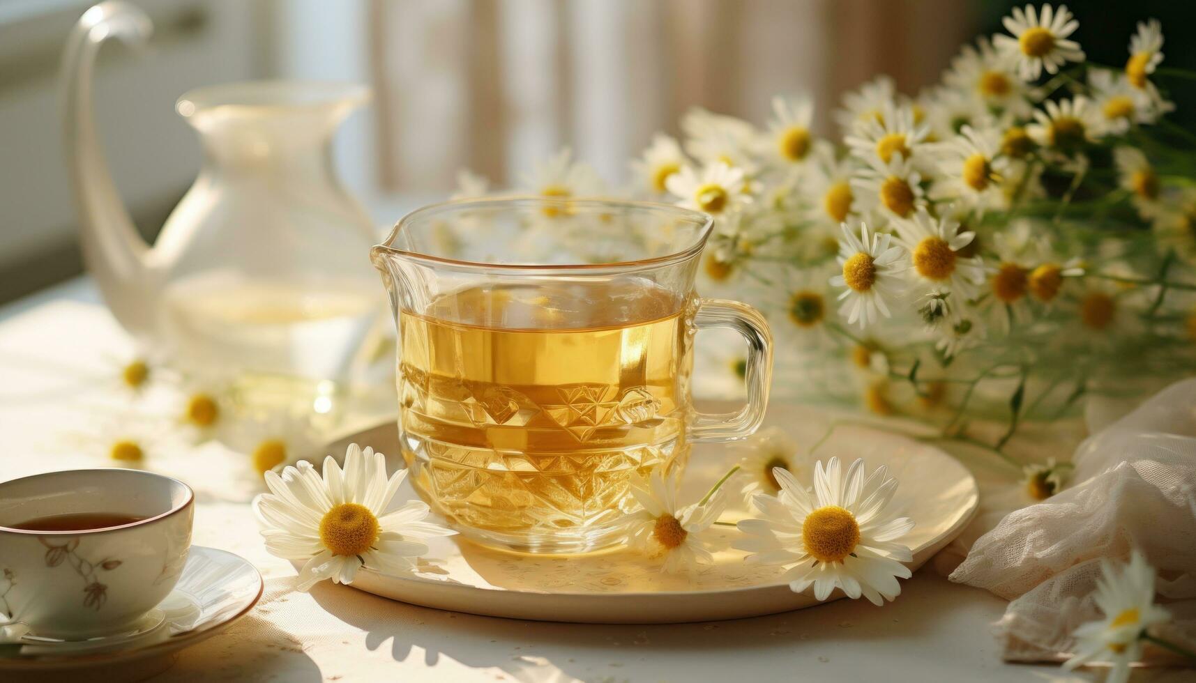 ai gerado camomila chá e flores em a mesa foto