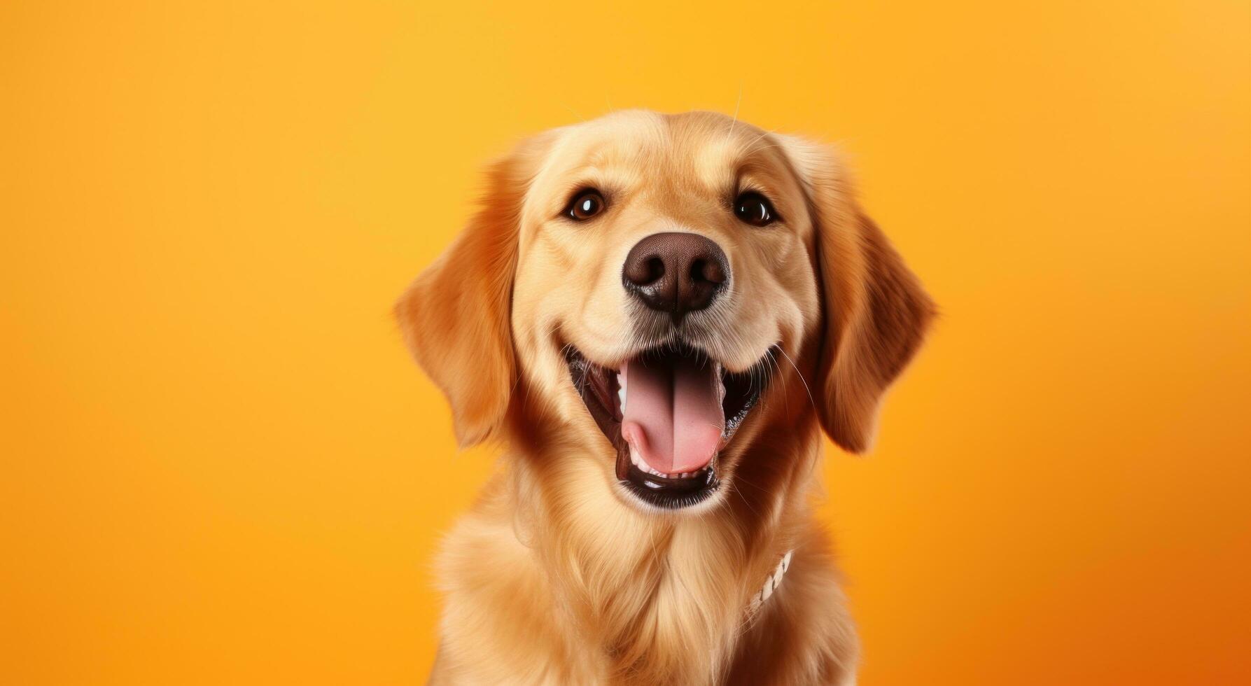 ai gerado cachorro sorrir em fundo isolado em laranja foto