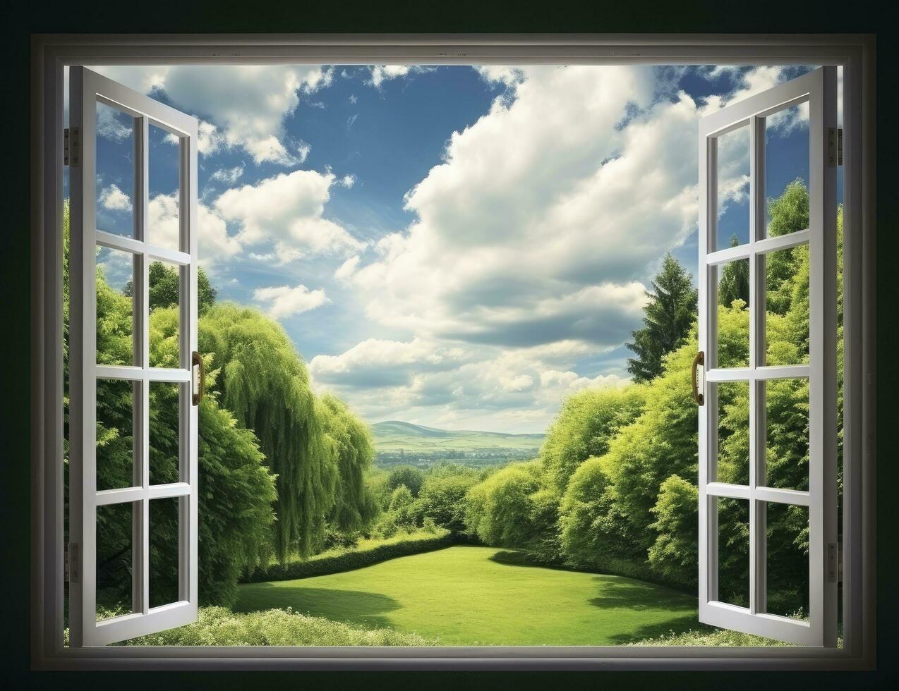 ai gerado abraçando natureza panorâmico Visão do uma rural verão campo através a aberto janela, trazendo a beleza do a ao ar livre dentro. foto