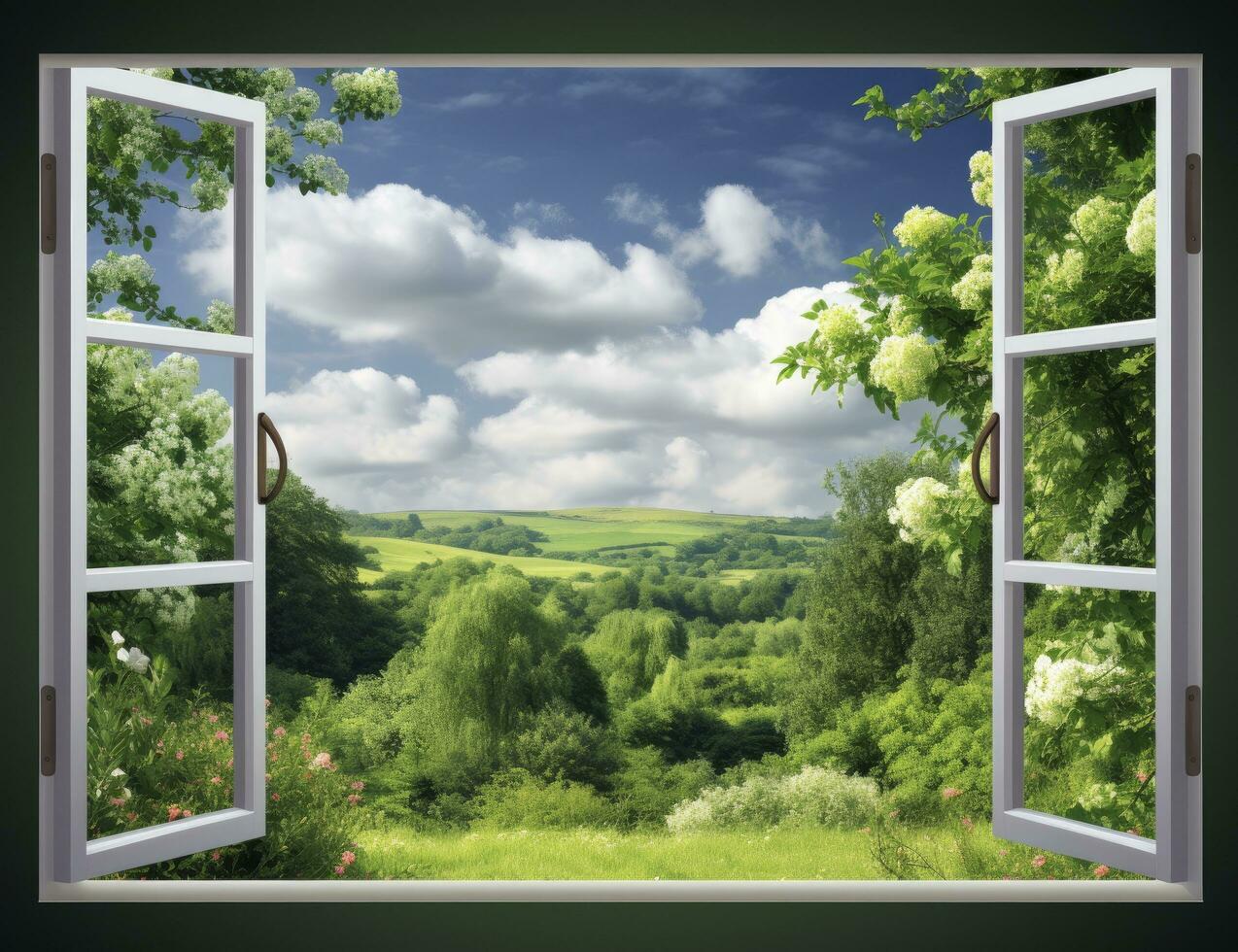 ai gerado abraçando natureza panorâmico Visão do uma rural verão campo através a aberto janela, trazendo a beleza do a ao ar livre dentro. foto