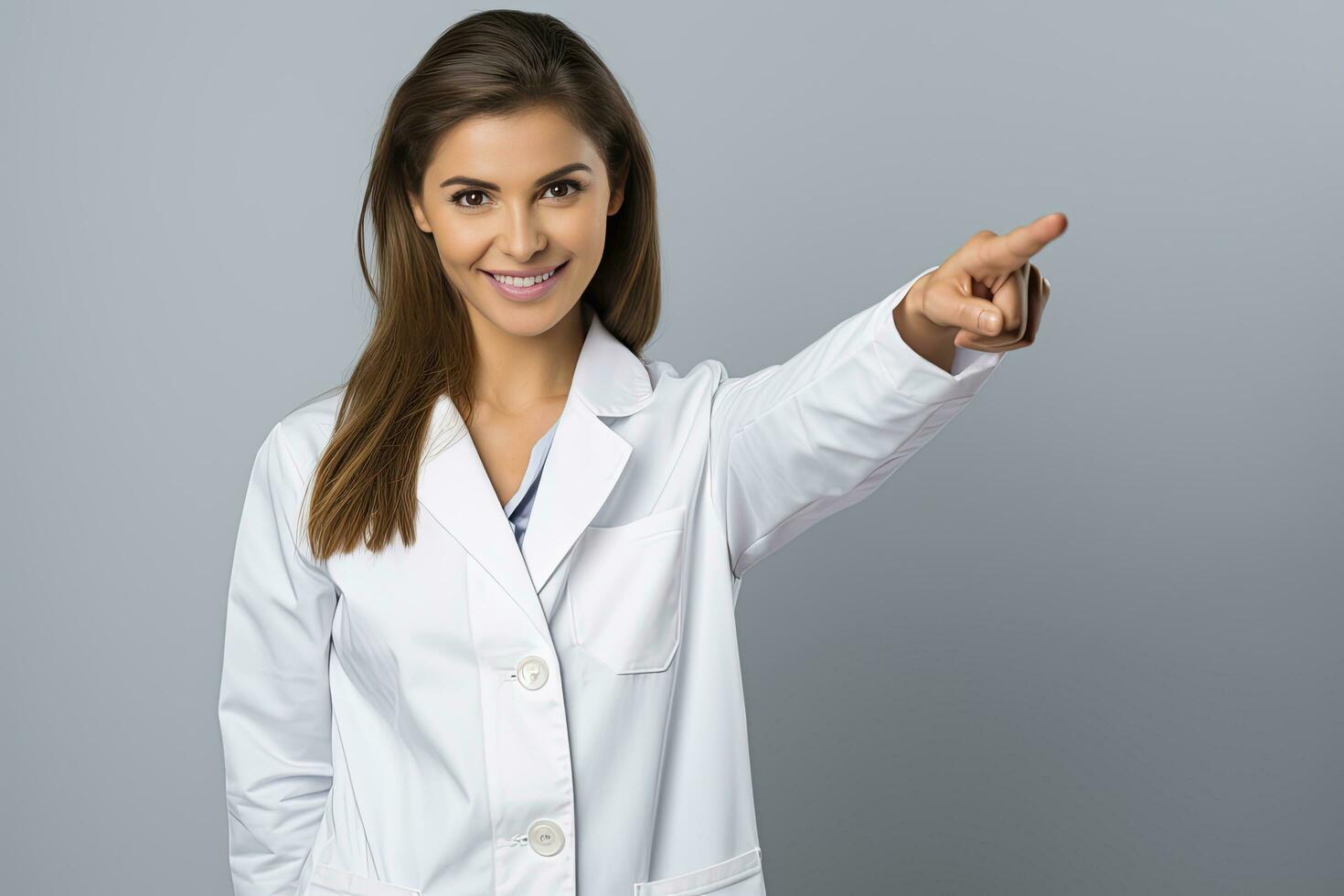ai gerado confiante médico profissional fêmea médico dentro branco casaco apontando com determinação. foto