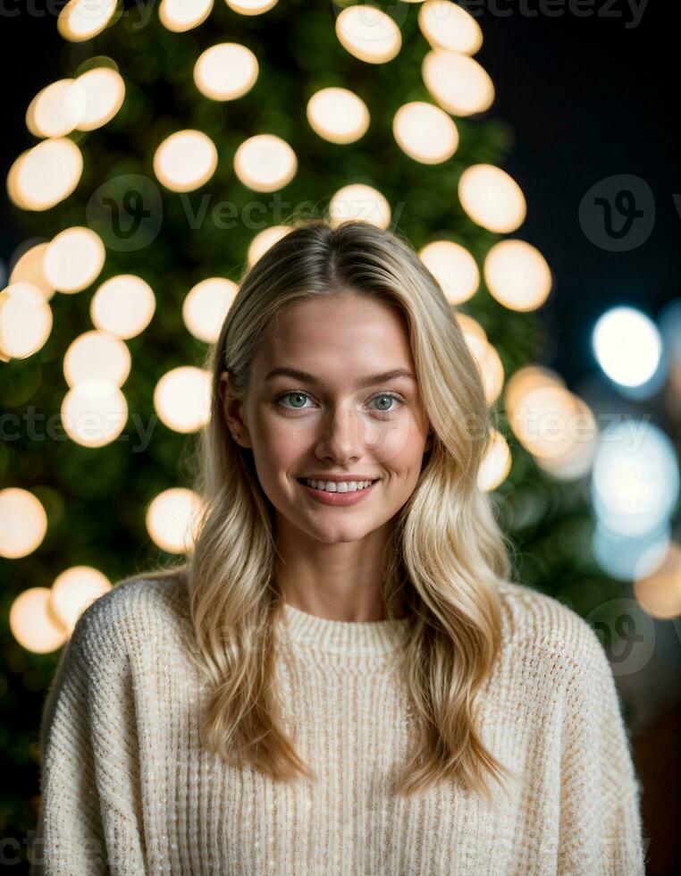 ai gerado foto do lindo mulher com Loiras cabelo dentro suéter em pé dentro frente do Natal árvore , generativo ai