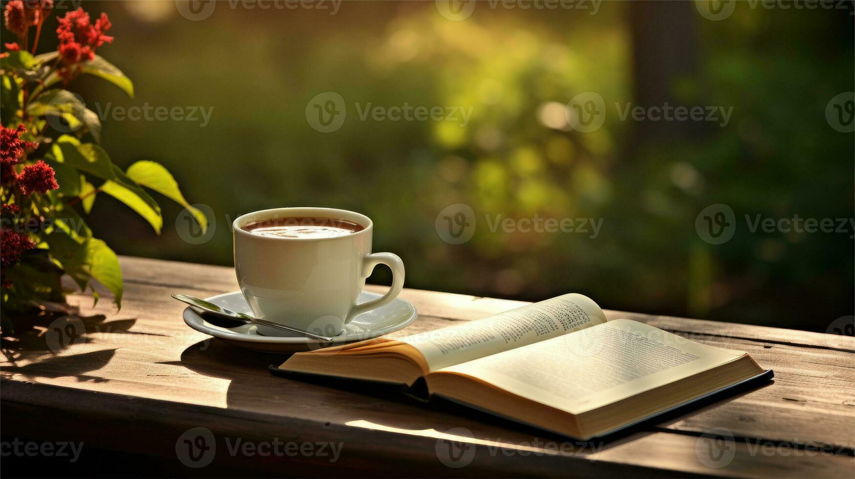 ai gerado decorativo café copo e vaso, aberto livro, trabalhando espaço dentro natureza, ai generativo foto