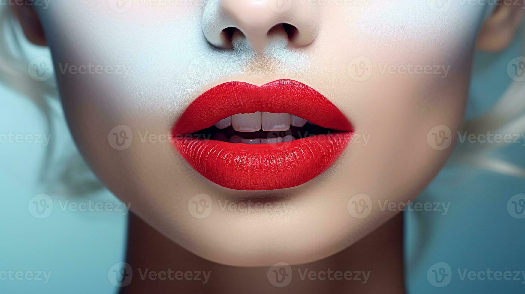 ai gerado mulheres vermelho lábios fechar-se com suave pele. retrato do lindo jovem mulher com brilhante vermelho lábios. foto