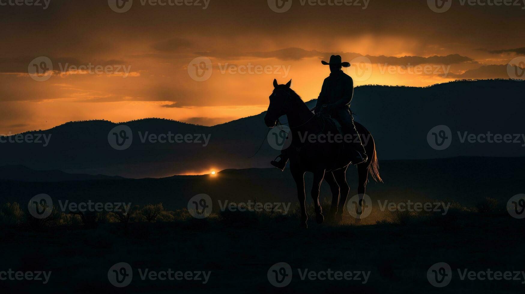 ai gerado silhueta do uma vaqueiro com uma chapéu em uma cavalo às pôr do sol foto