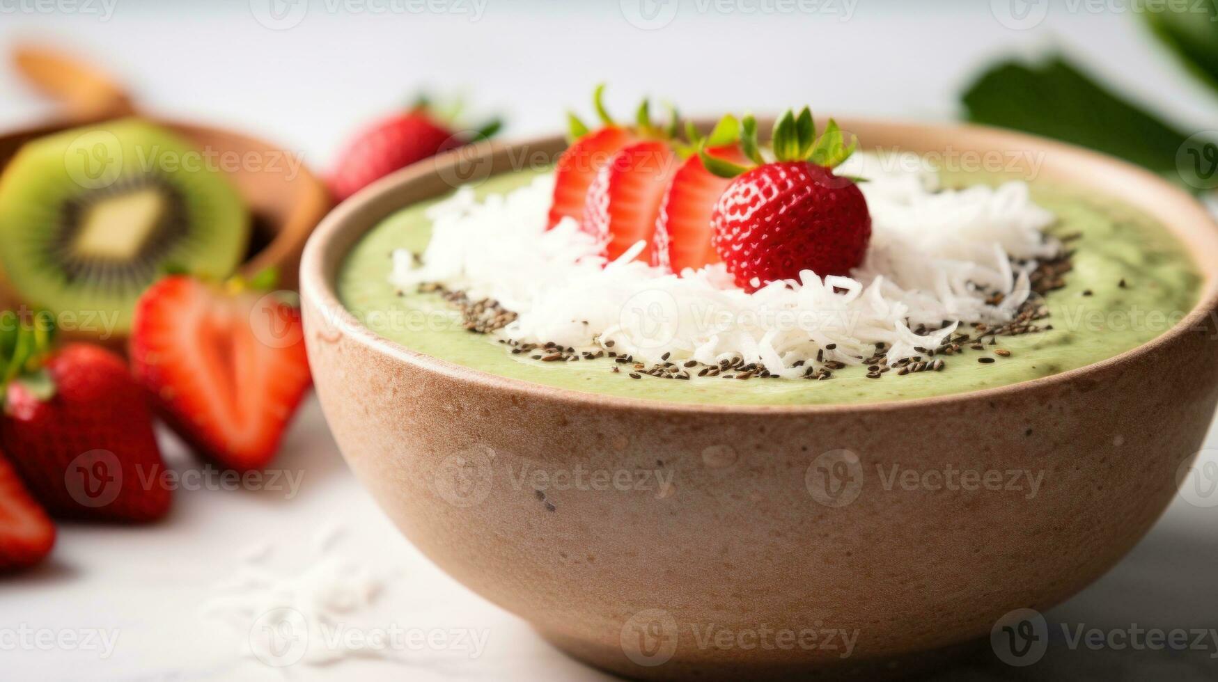 ai gerado uma tigela do verde batido coberto com morangos e kiwi, ai foto