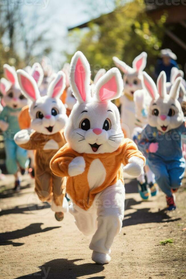 ai gerado uma grupo do pessoas vestido Como coelhos corrida baixa uma estrada, ai foto