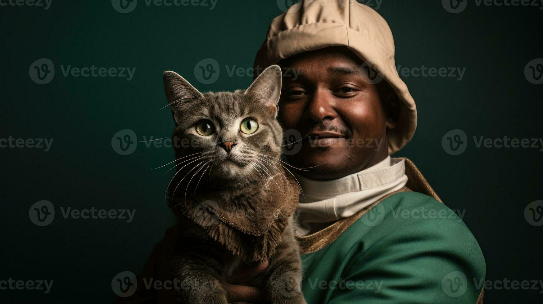 ai gerado uma homem dentro uma verde chapéu segurando acima dele gato, ai foto