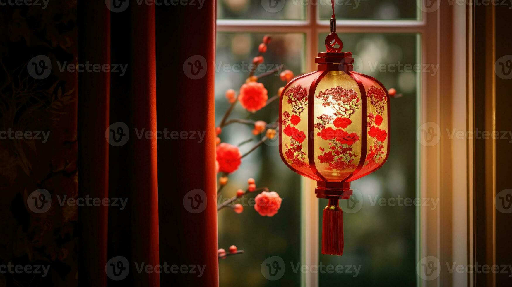 ai gerado chinês lanterna suspensão em janela do casa foto