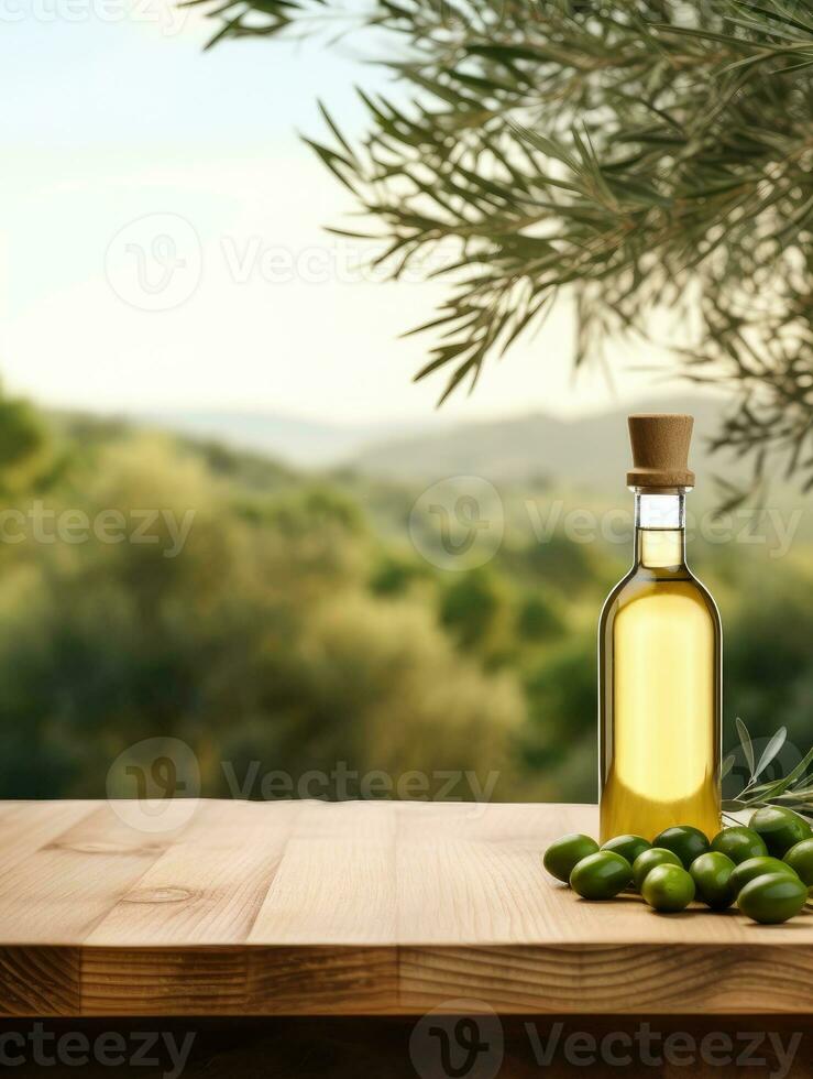 ai gerado esvaziar de madeira mesa com azeitonas e uma garrafa do Oliva óleo. natural pódio, fundo adequado para produtos apresentação foto