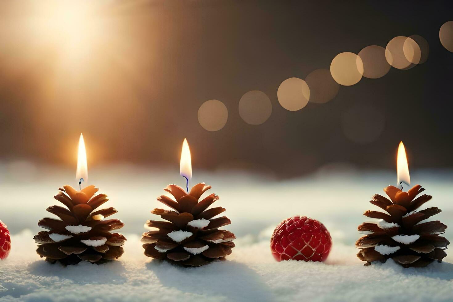 ai gerado velas e pinho cones em a neve às pôr do sol foto