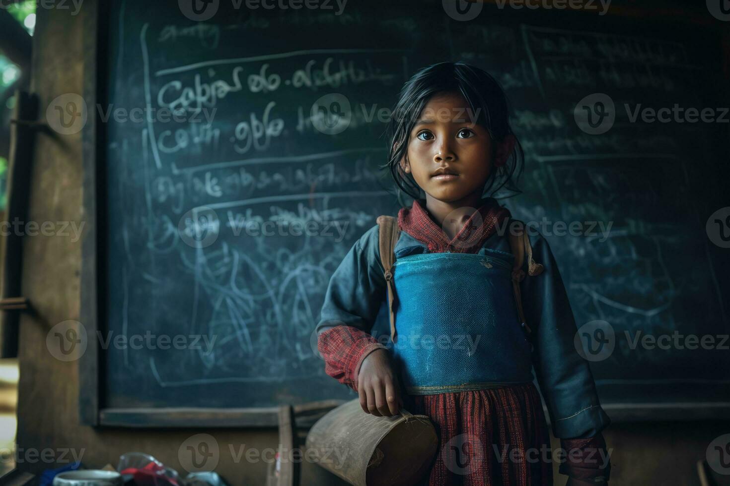 uma jovem garota, possivelmente uma estudante, em pé dentro frente do uma quadro-negro com uma balde. foto