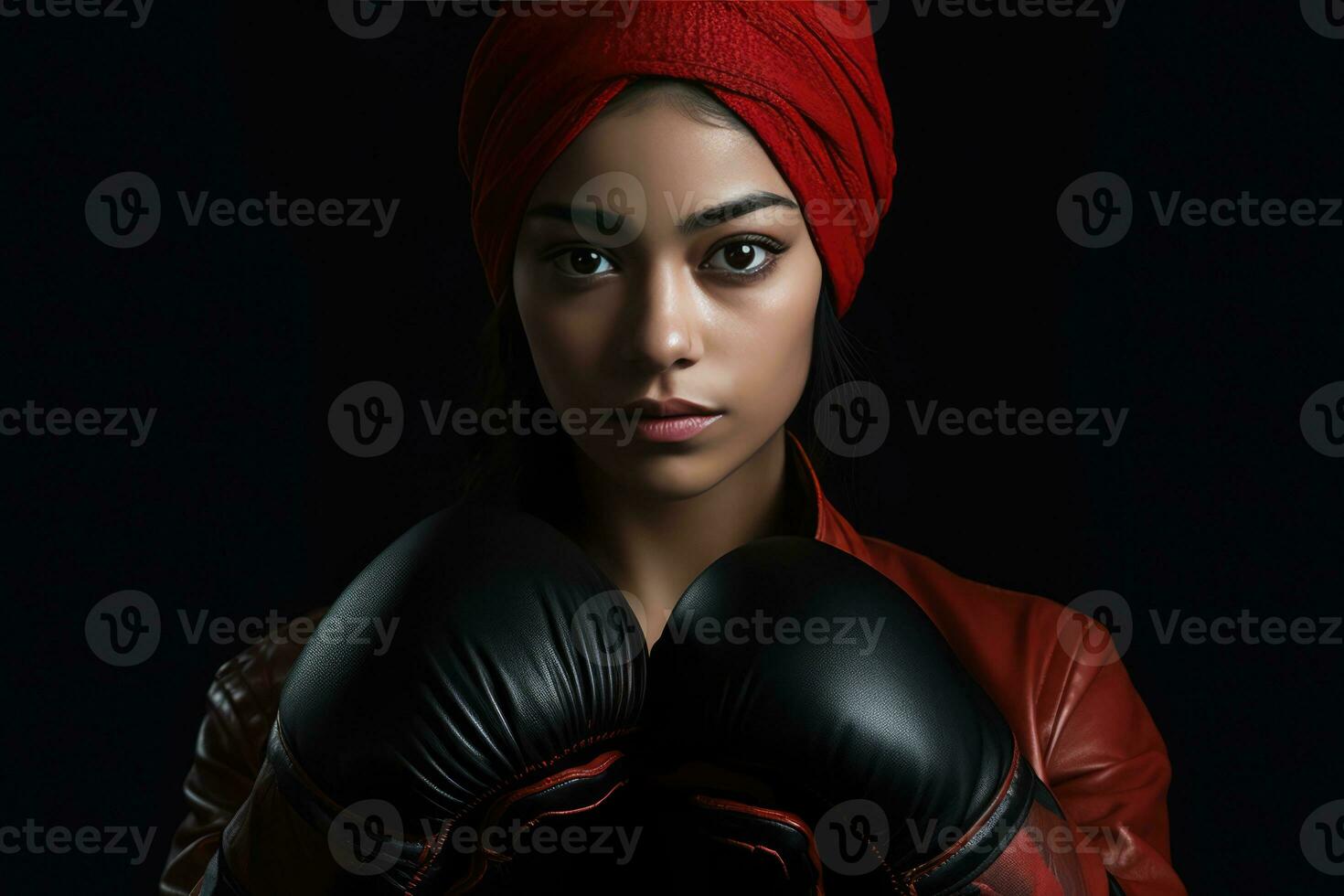 ai gerado uma lindo jovem mulher vestindo vermelho cabelo, boxe luvas, e em pé dentro frente do uma Preto fundo. foto