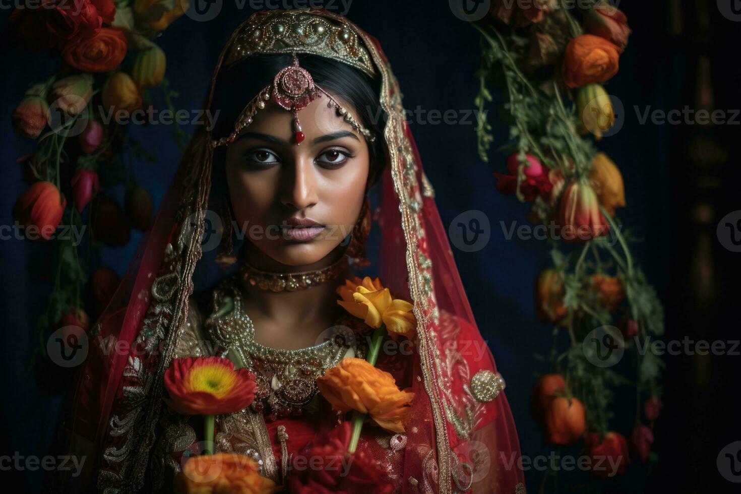 uma jovem mulher vestindo tradicional indiano roupas, Incluindo uma nupcial véu, Como ela poses para uma foto. foto