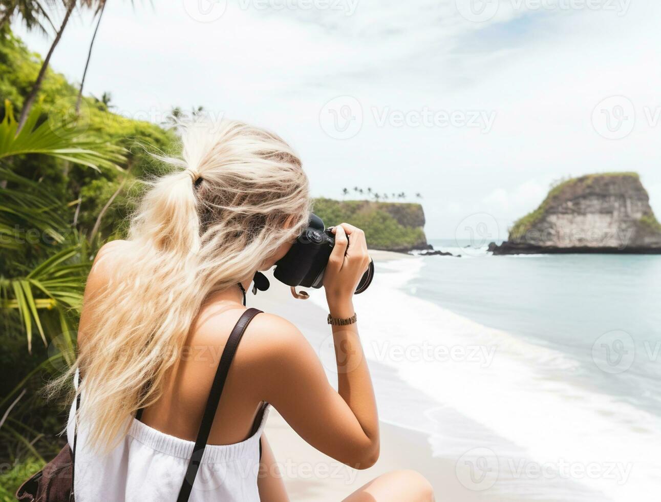 ai gerado uma fotografia do viajante ou mochileiro dentro a de praia com uma muitos estilo e muitos ângulo foto