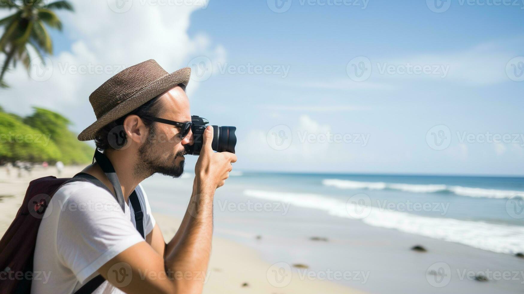 ai gerado uma fotografia do viajante ou mochileiro dentro a de praia com uma muitos estilo e muitos ângulo foto